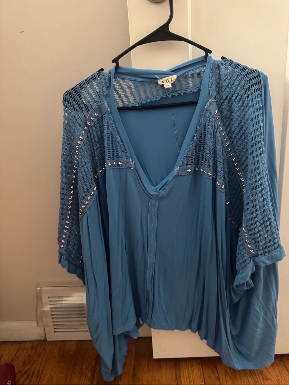 POL Sky Blue Crochet Sleeve V-Neck Studded Women’s Top